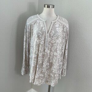 Lucky Brand Womens Plus 3X Beige Floral Embroidered Split Neck Long Sleeve Top